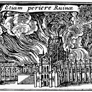 LONDON: GREAT FIRE, 1666. St. Pauls Cathedral, a volcano with molten lead