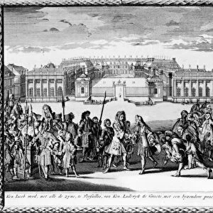 LOUIS XIV (1638-1715). King of France, 1643-1715. Louis XIV welcoming the exiled Catholic King James II of England at Versailles, 1689. Contemporary line engraving