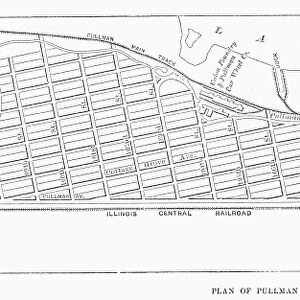MAP: PULLMAN, c1885. Map of the planned community of Pullman, Illinois, founded by George Pullman in 1885 for workers of his railroad company. Line engraving, 19th century