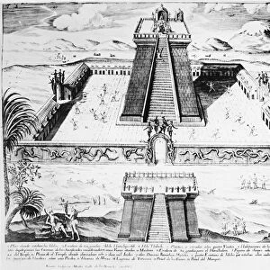 MEXICO: AZTEC TEMPLE, 1765. The great Aztec Temple at Tenochtitlan. Line engraving, Mexican, 1765