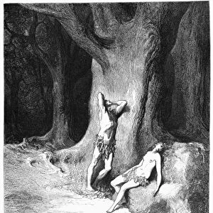 MILTON: PARADISE LOST. Nor only tears rained at their eyes, but high winds worse within began to rise. Book IX, lines 1121-1123, from John Miltons Paradise Lost. Wood engraving after Gustave Dore