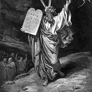MOSES DESCENDING MT. SINAI. (Exodus 32: 15, 16). Wood engraving after Gustave Dor