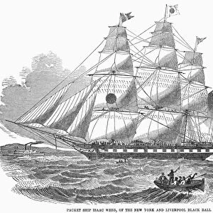 PACKET SHIP, 1850. The American Black Ball Lines packet, Isaac Webb, built 1850, for scheduled mail and passenger service betweeen New York and Liverpool, England, leaving New York Harbor. Contemporary wood engraving