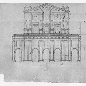 Plan of the facade of the basilica at El Escorial palace and monastery in Spain. Drawing by architect by Jose de Herrera, c1570