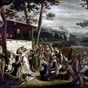 REVIVAL MEETING, 1850. American Christian revival meeting. Oil on panel by Jeremiah Paul