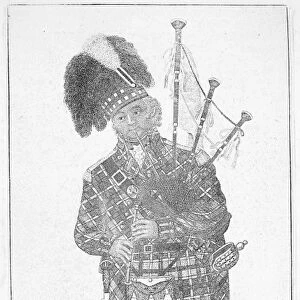SCOTTISH SOLDIER, 1810. A Scottish Highland piper. Etching, 1810, by John Kay