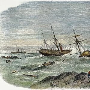 SHIPWRECK, 19th CENTURY. The wreck of a steamship off Britains North Sea coast. Wood engraving, English, 1865