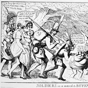 SOLDIER CARTOON, 1813. Soldiers on a march to Buffalo