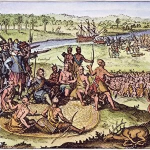VIRGINIA: CHICKAHOMINY TRIBE. Captain Sir Samuel Argall (1572-1626) in pow-wow with the Chickahominy tribe of Virginia, c1610. Line engraving by Theodore de Bry, 1619