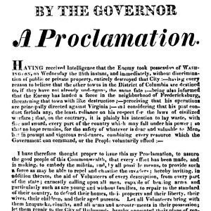 WAR OF 1812: BROADSIDE. Proclamation, 26 August 1814, by James Barbour, Governor of Virginia
