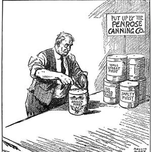 WARREN G. HARDING, 1920. (1865-1923). 29th President of the United States. The Canned Candidate in Action. Cartoon by Rollin Kirby in the New York World, 1 July 1920, on Hardings America First speech of 29 June 1920 in Washington, D. C