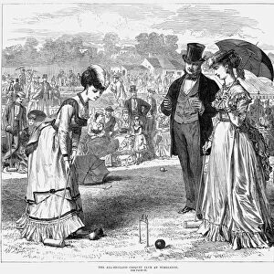 WIMBLEDON: CROQUET, 1870. A croquet match between two ladies at the Wimbledon Lawn Tennis and Croquet Club at Wibledon, England. Wood engraving, English, 1870