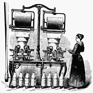 A woman working at an upright rotary knitting machine, patented in 1855 by Clark Tompkins of Troy, New York. Wood engraving, American, c1875