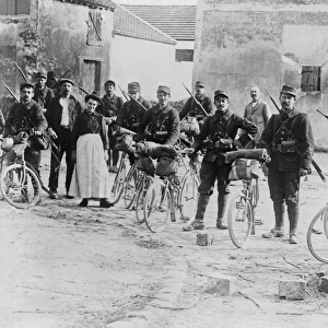 WWI: CYCLISTS, c1914. French soldiers on bicycles in Chauconin-Neufmontiers, France