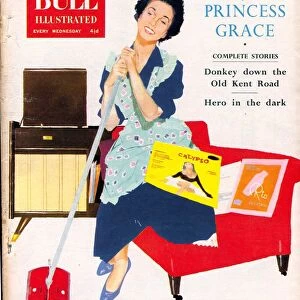 John Bull 1959 1950s UK housewife housewives cleaning mopping mops listening to record