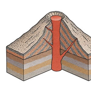 Artwork cross-section diagram of a volcano showing the vent, magma, strata and a gentle slope of basaltic lava flow