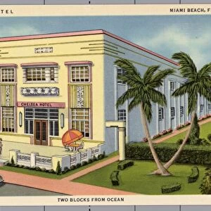 Chelsea Hotel. ca. 1936, Miami Beach, Florida, USA, CHELSEA HOTEL, MIAMI BEACH, FLORIDA. TWO BLOCKS FROM OCEAN. CHELSEA HOTEL, 944 Washington Avenue, MIAMI BEACH, FLORIDA. Ideally located-Beautifully decorated and modern throughout-Every room with tub and shower-Every comfort for guests-