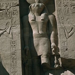 Egypt, Nubia, Abu Simbel, Great Temple of Ramses II, facade, niche with statue of sun god Ra
