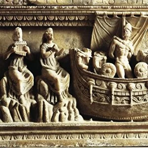 Etruscan civilization, alabaster urn, detail of relief depicting Odysseus and Sirens