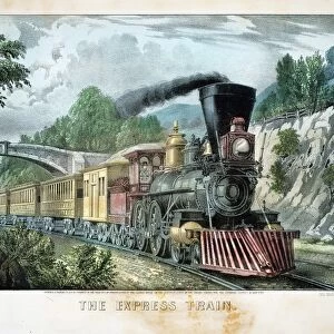 The Express Train. Locomotive with cowcatcher hauls train through cutting. Print