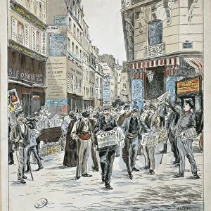 France, Paris, Newspaper vendor in rue du Croissant on corner of rue du Faubourg Montmartre in Paris by Ernest Grenier, Print from watercolor, 1893
