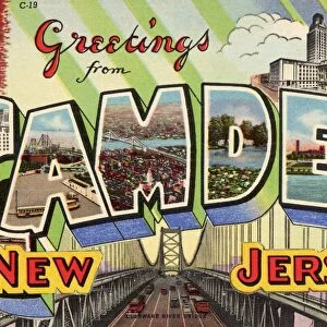 Greeting Card from Camden, New Jersey. ca. 1943, Camden, New Jersey, USA, Camden is located on Delaware River opposite Philadelphia. It was settled in 1681 and is noted for its industries, the largest of which are New York Ship Bldg. Corporation, RCA Victor, Campbells Soup Factory-Esterbrook Steel Pens. Co. Congoleum Co. and many others