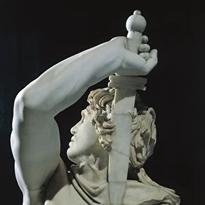Marble sculptural group known as Galatian suicide or Ludovisi Gaul killing himself and his wife, Copy from Greek bronze original, detail, Gaul