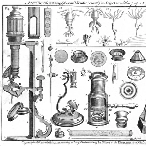 Microscopes and microscopical objects, 1750. I: Wilsons pocket microscope. II
