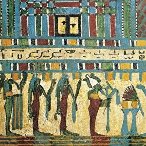 Plastered and painted wood panel detail with judgment chamber and god Osiris followed by divinities, from Sarcophagus of Usai, Thebes