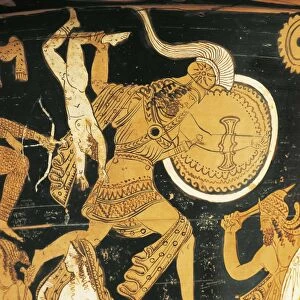 Red-figure pottery, Krater, from Civita Castellana, ancient Falerii, Rome province, Italy, detail, Neoptolemus brandishing Astyanax by leg
