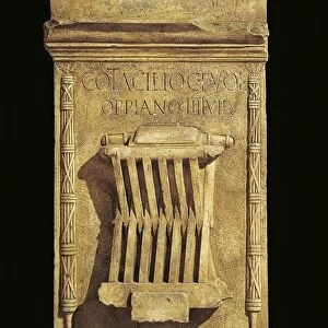 Roman civilization, Quaestor C, Otacilia Oppianos cippus, relief showing folding seat (bisellum) specially reserved for magistrates, from Graveson, France