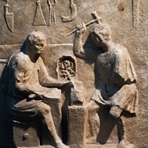 Roman funerary stele relief representing blacksmiths workshop
