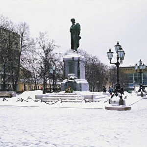 Russia, Moscow, the statue of poet Alexander Pushkin, on the snow-covered Pushkin Square