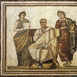 Tunisia, Susa, Mosaic work depicting the poet Virgil (Publius Vergilius Maro, 70 A.C... - 19 A.C... ) writing the Aeneid sitting between the muses Clio and Melpomene