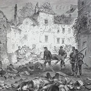 Dead and wounded after the blasting of the powder tower in the town of Laon on 9 September, France, in the Franco-Prussian War of 1870-1871, Historical, digitally restored reproduction of an original 19th century master, exact original date unknown