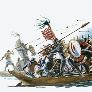 Illustration of Aztec warriors offshore in canoes and Cortez on land throwing spears at each other