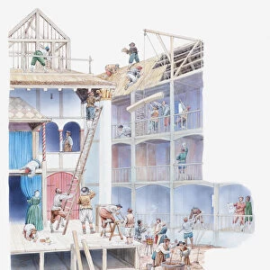 Illustration of Globe Theatre being built in Elizabethan times