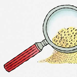 Illustration of using magnifying glass to look closely at grains of sand in heap