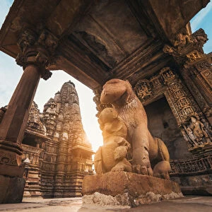 Lion statue at a temple in Khajuraho