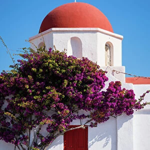 Red dome church and pink flowers, Mykonos, Greece