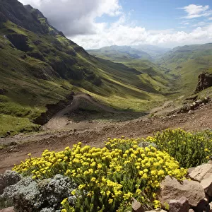 A scenic view of rolling hills of the Sani Pass, Drakensberg Park, KwaZulu-Natal, South Africa