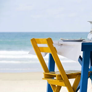 Table and chairs on the beach of Conil de la Frontera, Costa de la Luz, Andalusia, Spain, Europe