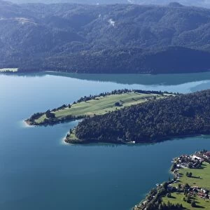 Zwergern peninsula, Lake Walchen and the town of Walchensee, view from Herzogstand mountain, Upper Bavaria, Bavaria, Germany, Europe, PublicGround