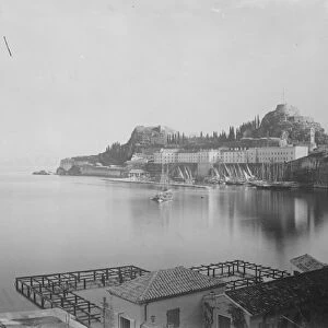 British flag raised on Greek island. A general view of the citadel and harbour of Corfu