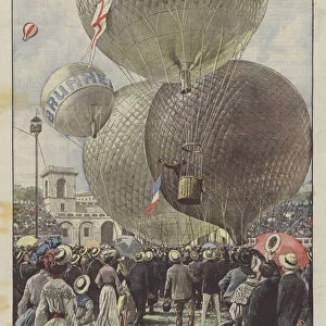 Aeronautical Party In The Arena In Milan, The Departure Of Three Balloons Carrying Seven People In The Air (Colour Litho)