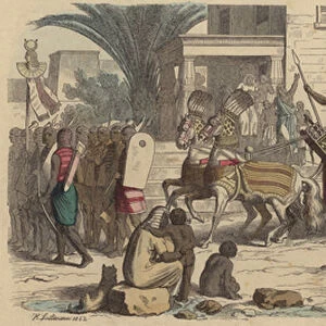 An Ancient Egyptian pharaoh setting off for war (coloured engraving)