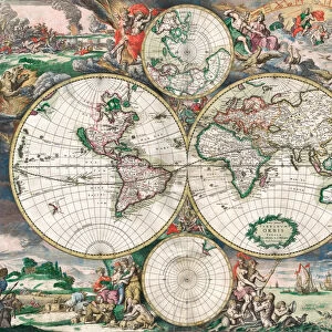 Antique Dutch World Map, 1689 (coloured engraving)