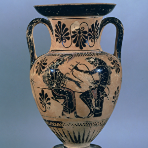 Attic black-figure amphora depicting Orpheus playing his lyre to Athena (pottery)
