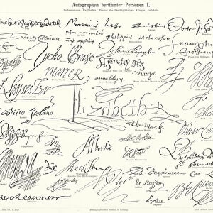 Autographs of famous people: prominent figures of the Protestant Reformation, Britain, the Thirty Years War and scientists (engraving)
