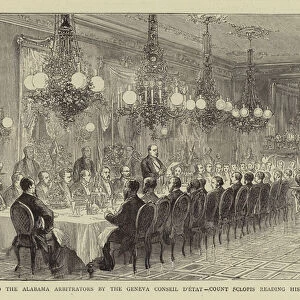 Banquet given to the Alabama Arbitrators by the Geneva Conseil D Etat, Count Sclopis reading his Speech (engraving)